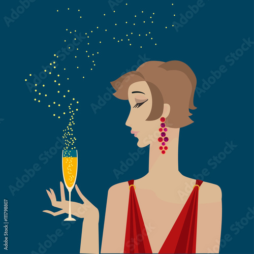 woman with champagne  portrait. party vector poster