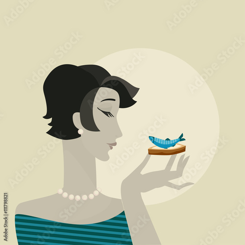 woman with seafood snack  portrait. party vector poster