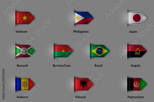 Set of flags in the form of a glossy textured label or bookmark. Vietnam Philippines Japan Burundi Burkina Faso Brazil Angola Andorra Albania Afghanistan