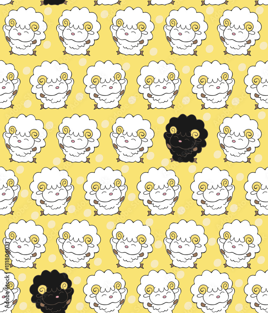 Seamless pattern with cute sheep dancing and jumping. Cartoon style vector background. Dissimilar concept - black sheep among white sheep Seamless pattern with cute sheep dancing and jumping. Cartoon style vector background. Dissimilar concept - black sheep among white sheep