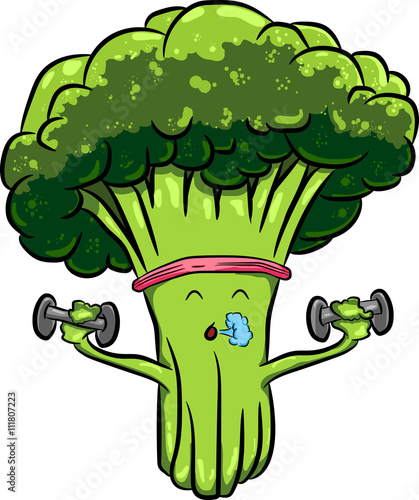 beautiful bright cartoon broccoli engaged in sports with dumbbells
