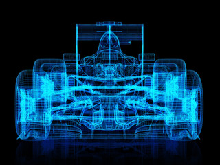 Fototapete Motorsport 3d wire frame front view of a race car on a black background. 3d rendering  © Digital Storm