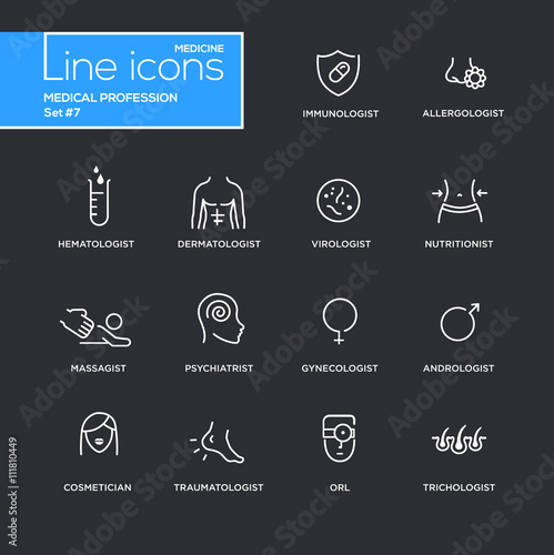 Medical profession simple thin line design icons, pictograms set