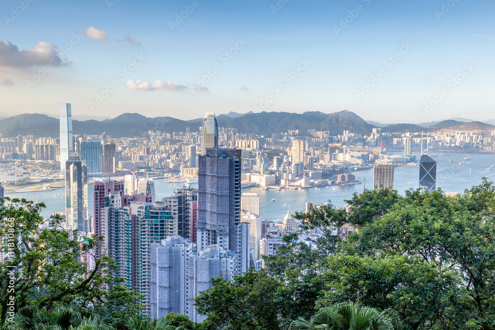 Naklejka premium Aerial View of Victoria Harbor in Hong Kong