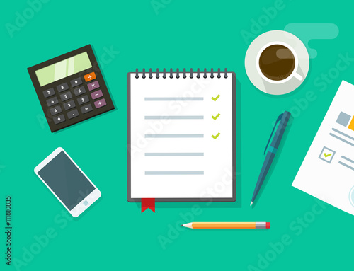 Work desk vector illustration on green color background, business office workplace table concept, flat modern desktop with devices, notebook to do list, organizer, paper work, planning