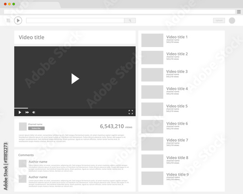 Vector browser window with video player web site mock up.