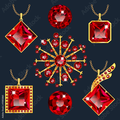 Set of realistic red jewels. Colorful red gemstones. Red rubies pendants isolated on green background. Princess cut jewel. Round cut jewel. Emerald cut jewel. Oval cut jewel. Pear jewel . Heart jewel.