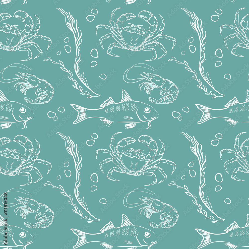Seamless texture with fish, crab and  shrimp. Vector  pattern.