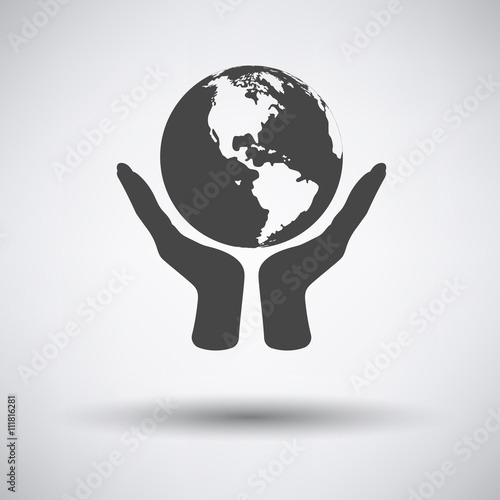 Hands holding planet icon on gray background with round shadow. Vector illustration.