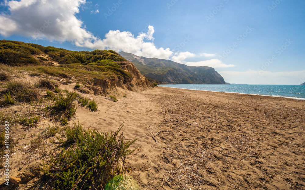 Empty sandy beach in hot summer day Kalamaki Zakynthos Greece