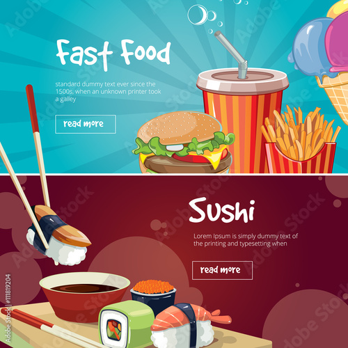 vector illustration of two web banners with fast food pictures
