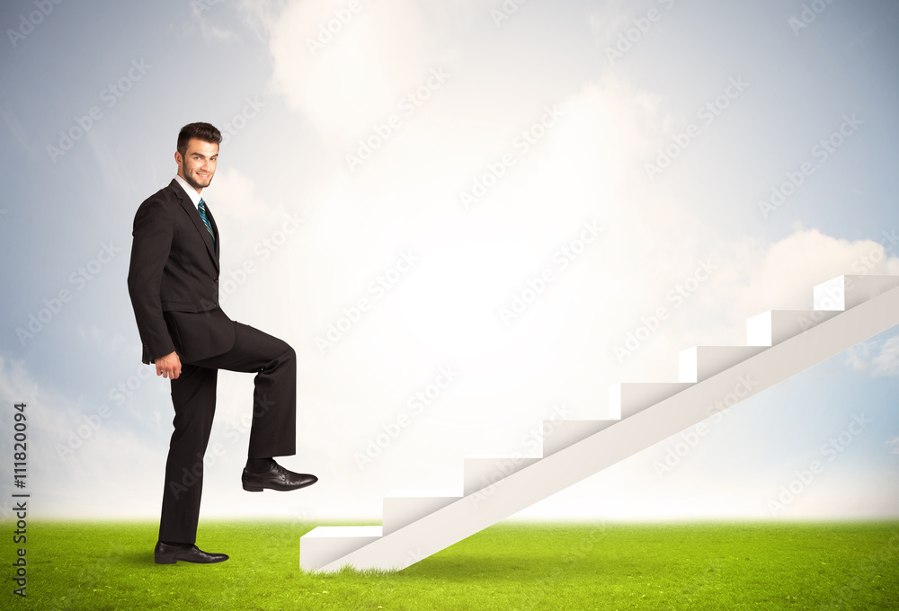 Business person climbing up on white staircase in nature Business person climbing up on white staircase in nature