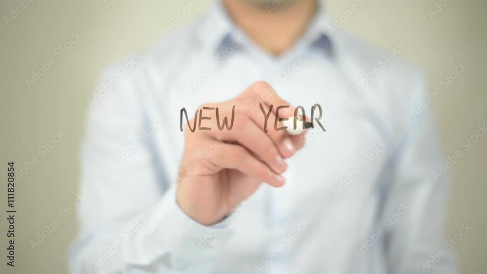 New Year Fresh Start, man writing on transparent screen