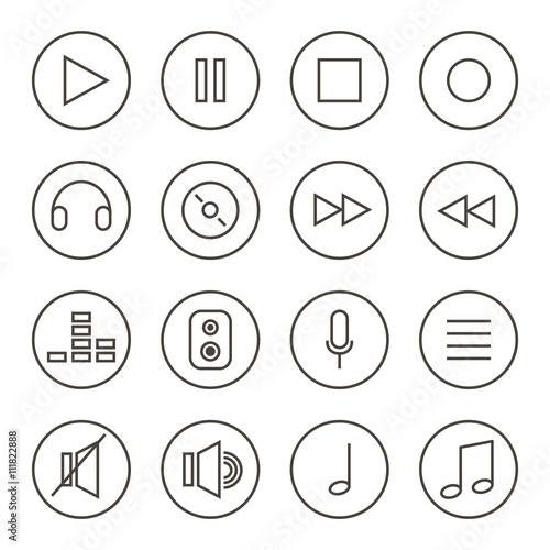 Monochrome outlined music, audio, sound vector icon set, collection isolated on white background. 