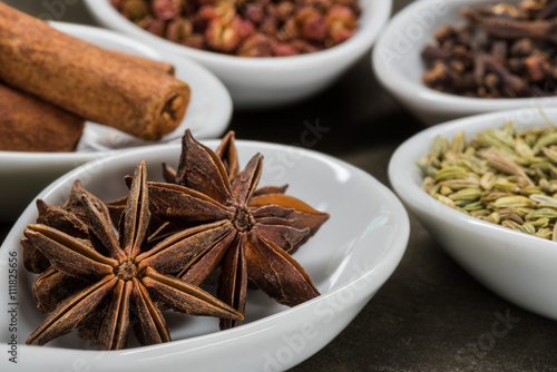 Star Anise and Five Spice in White Spoons © kellyvandellen