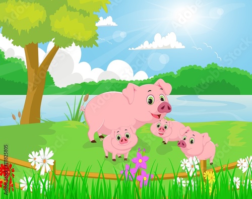 Cartoon pig family on the river bank