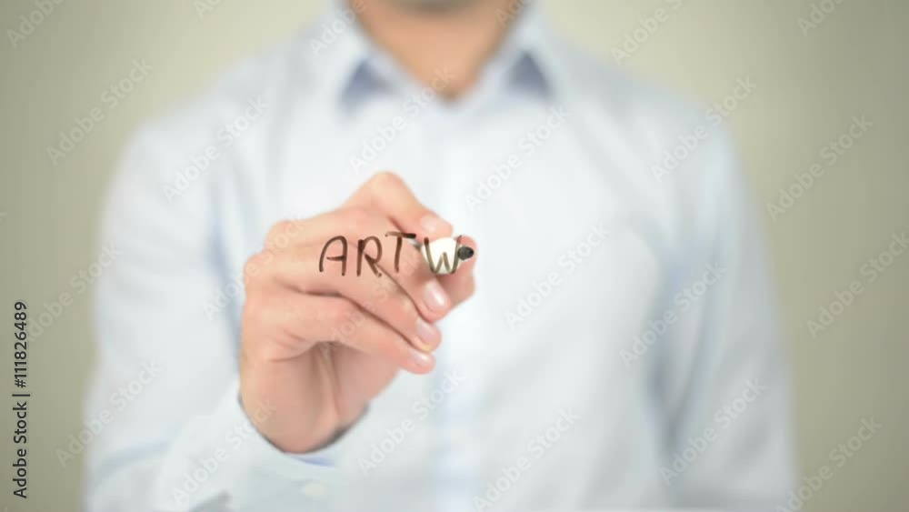 Artwork , man writing on transparent screen Artwork , man writing on transparent screen