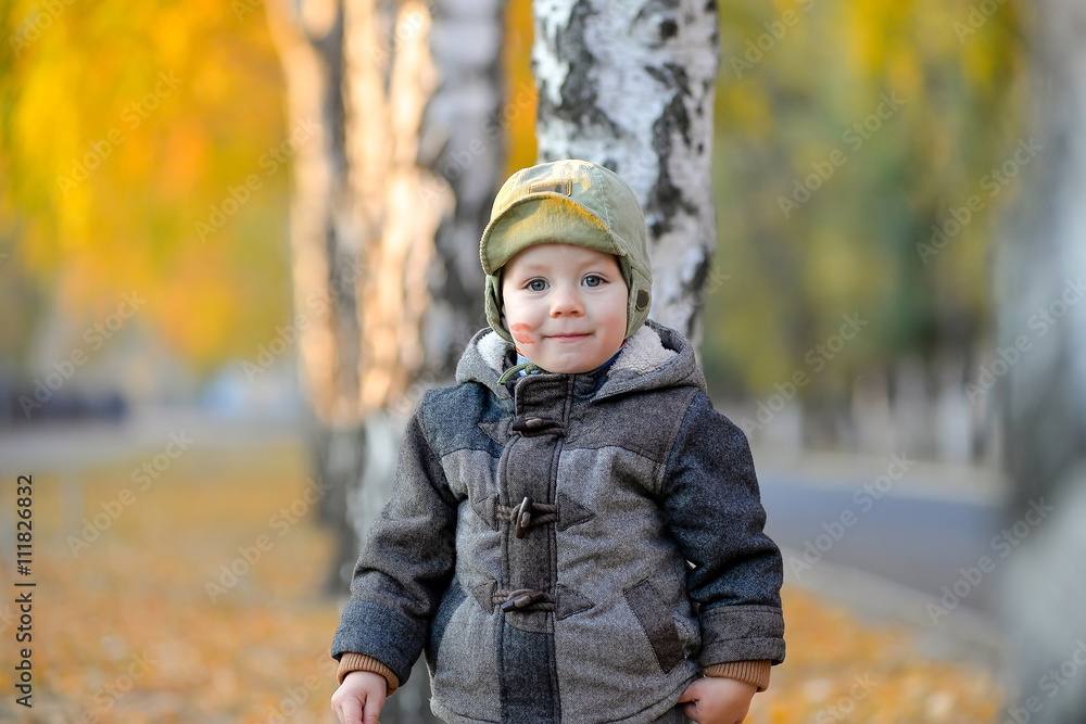 Little boy standing near the tree in autumn