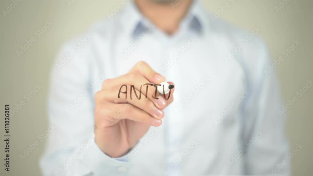 Antivirus, man writing on transparent screen Antivirus, man writing on transparent screen