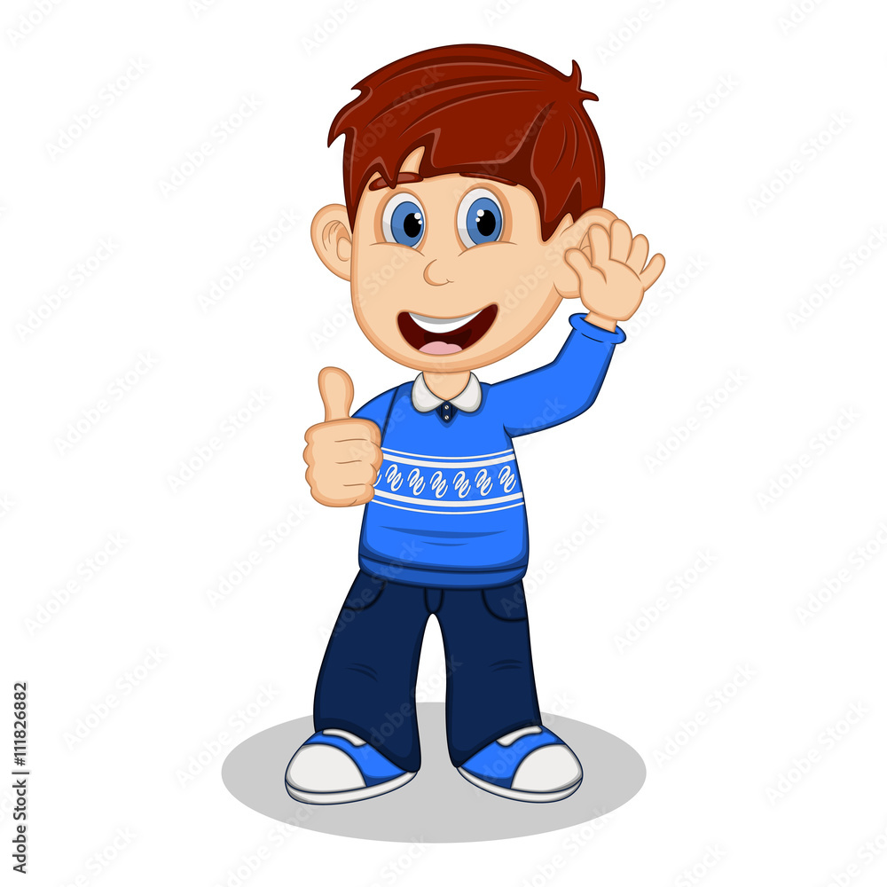 Children give thumbs up wearing blue long sleeve sweater and trousers cartoon