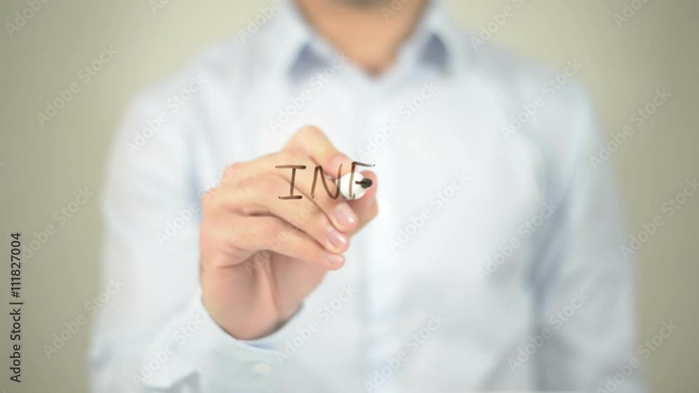 Info, man writing on transparent screen Info, man writing on transparent screen