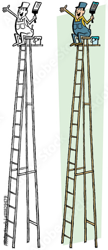 Painter sitting on tall ladder