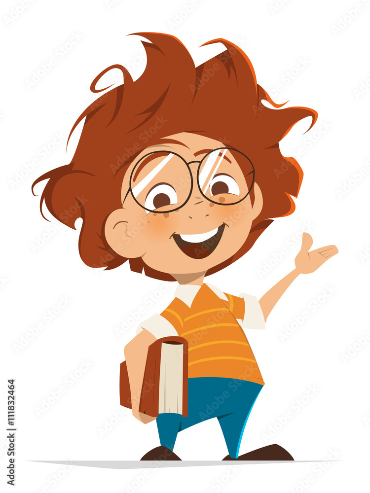 School kid with book and glasses pointing hand School kid with book and glasses pointing hand