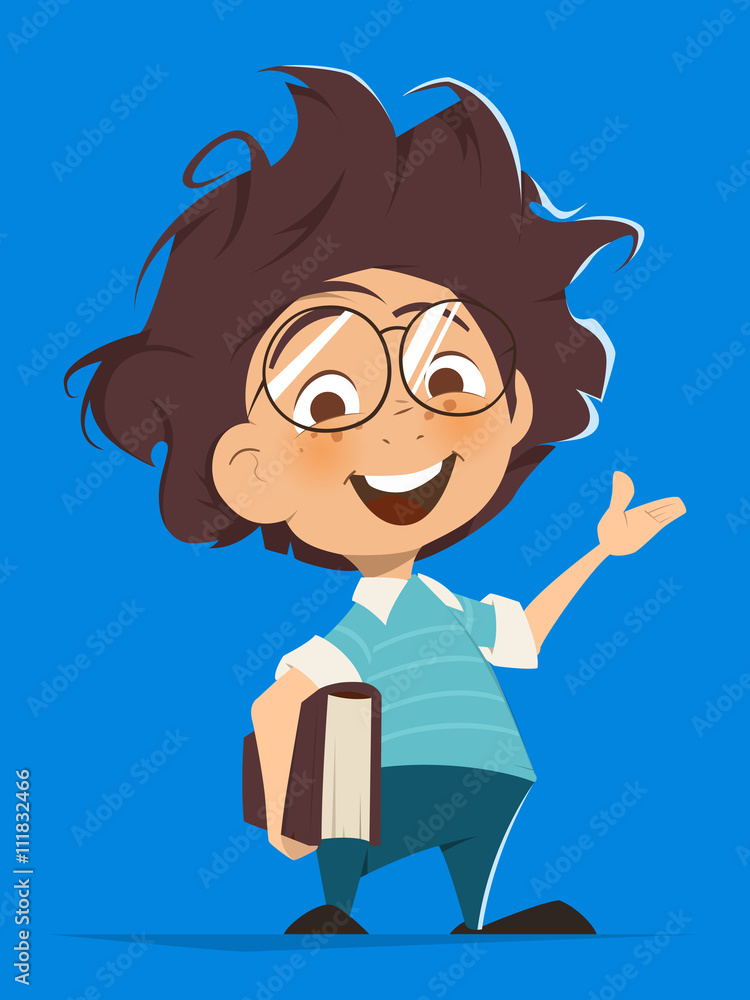 School kid with book and glasses pointing hand School kid with book and glasses pointing hand