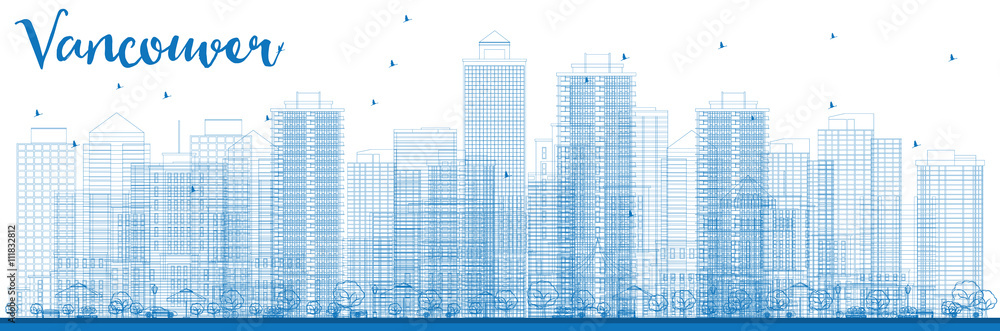 Outline Vancouver skyline with blue buildings. Outline Vancouver skyline with blue buildings.