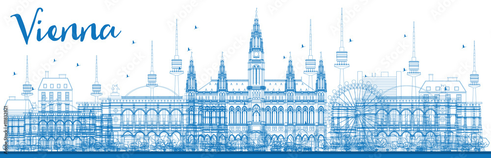 Outline Vienna Skyline with Blue Buildings.