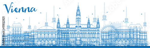 Outline Vienna Skyline with Blue Buildings.