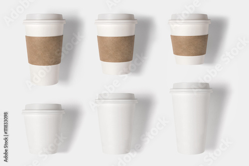 Design concept of mockup coffee cup set on white background. Cop