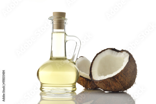 Coconut Oil with Coconuts on White Background