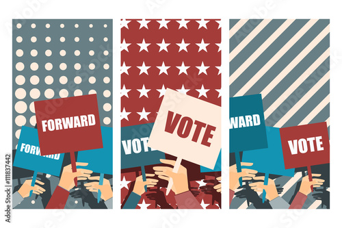 Election campaign, election vote, election poster, holding posters, election banner, supporting team, voters support, people with placards. Vector.