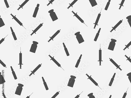 Syringe and vials seamless pattern. Syringe and ampules. Vaccine.