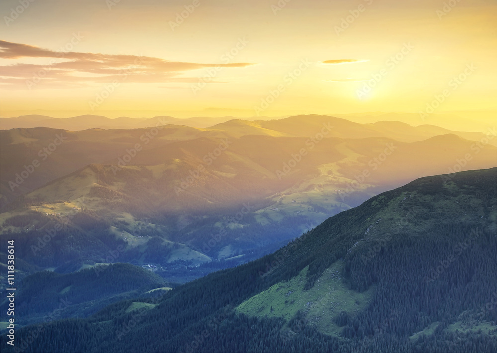 Fototapeta premium Mountain valley during sunset. Beautiful natural landscape