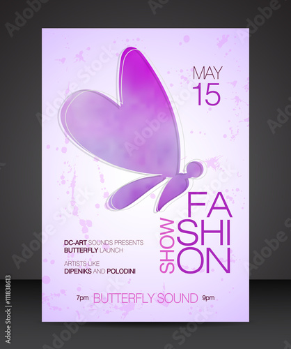 Vector stylish banner, poster and flyer for fashion show with purple watercolor silhouette of beautiful butterfly
