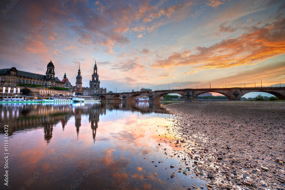 View of the old town of Dresden over river Elbe, Germany. HDR image.