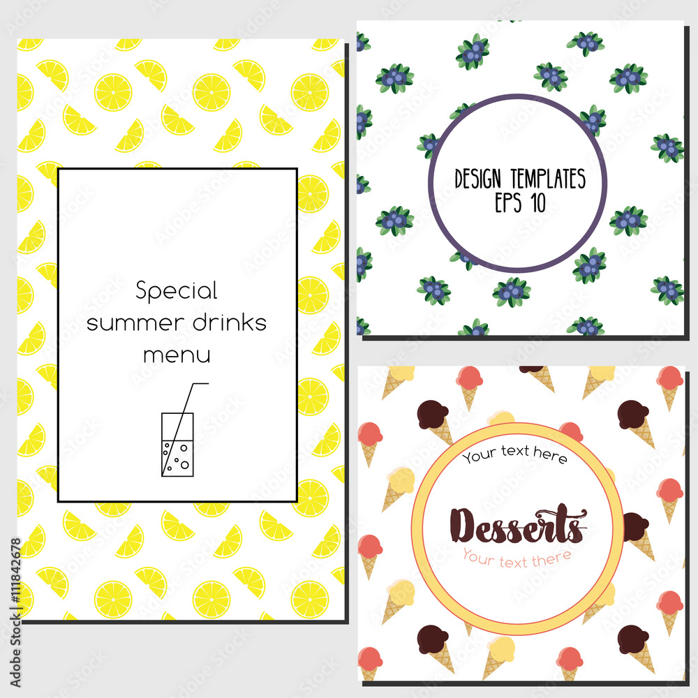 Menu design templates with fruits, berries and ice cream cones