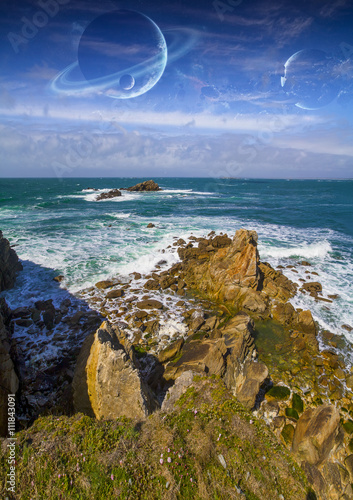 Fototapeta Naklejka Na Ścianę i Meble -  View of distant planet system from cliffs