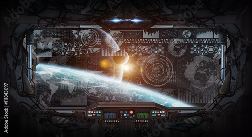 Fototapeta Naklejka Na Ścianę i Meble -  Window view of space and planets from a space station