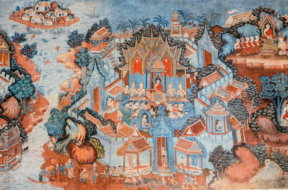 Ancient Buddhist temple mural painting in Thailand