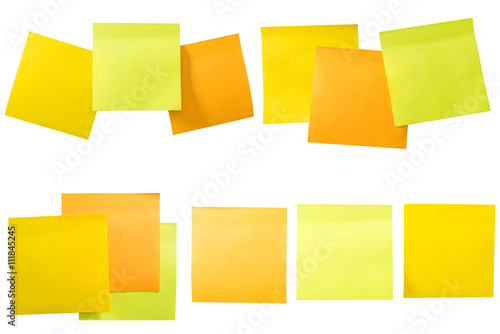 A set of office/work related color paper sticky notes. Isolated on white background include clipping path. photo