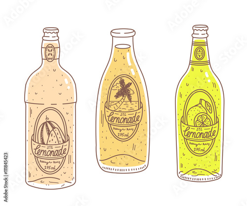 Fresh lemonade in bottles. Doddle cartoon vector illustration. Front view.  Label design template.