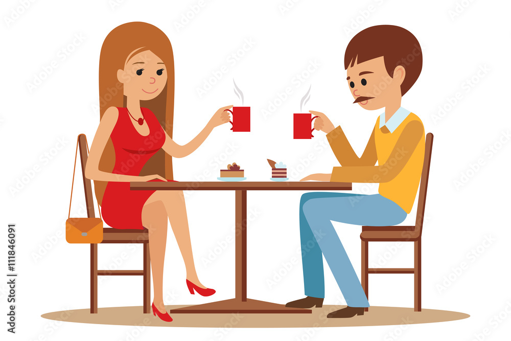 Couple sitting in the cafe, flirting and talking about something. Flat modern illustration of students using laptop, phone.