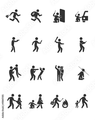 A set of criminal icons in black and white