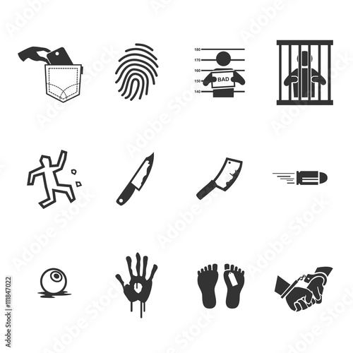A set of criminal icons in black and white