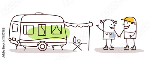 cartoon man and woman with a caravan photo