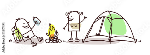 cartoon hikers with campfire and tent
