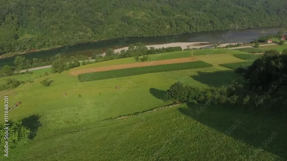Flight over the river Drina Serbia. Aerial view of river Drina. Footage recorder from drone in full HD resolution. Aerial view of the woods and field Flight over the river Drina Serbia. Aerial view of river Drina. Footage recorder from drone in full HD resolution. Aerial view of the woods and field